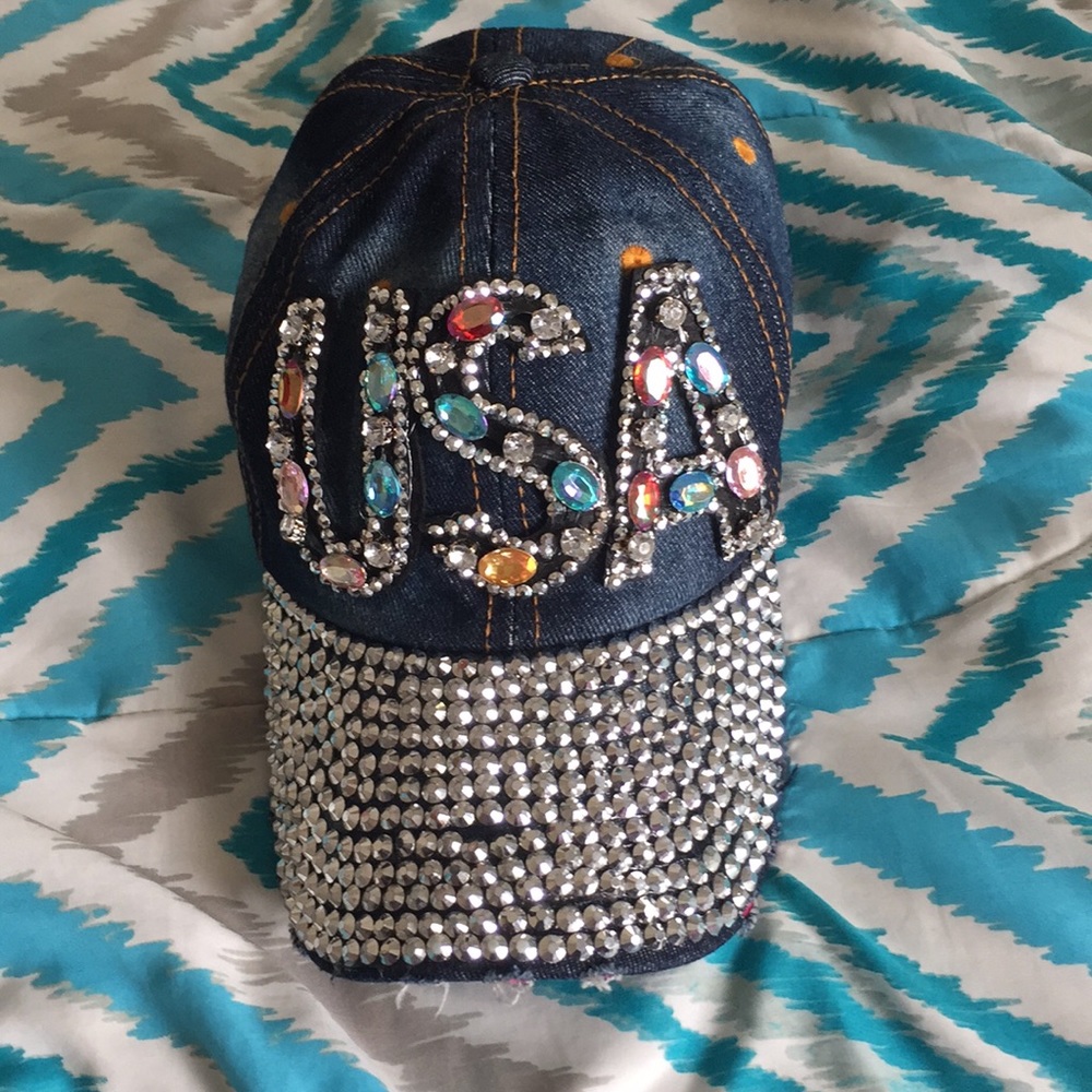 A navy blue rime stone hat.